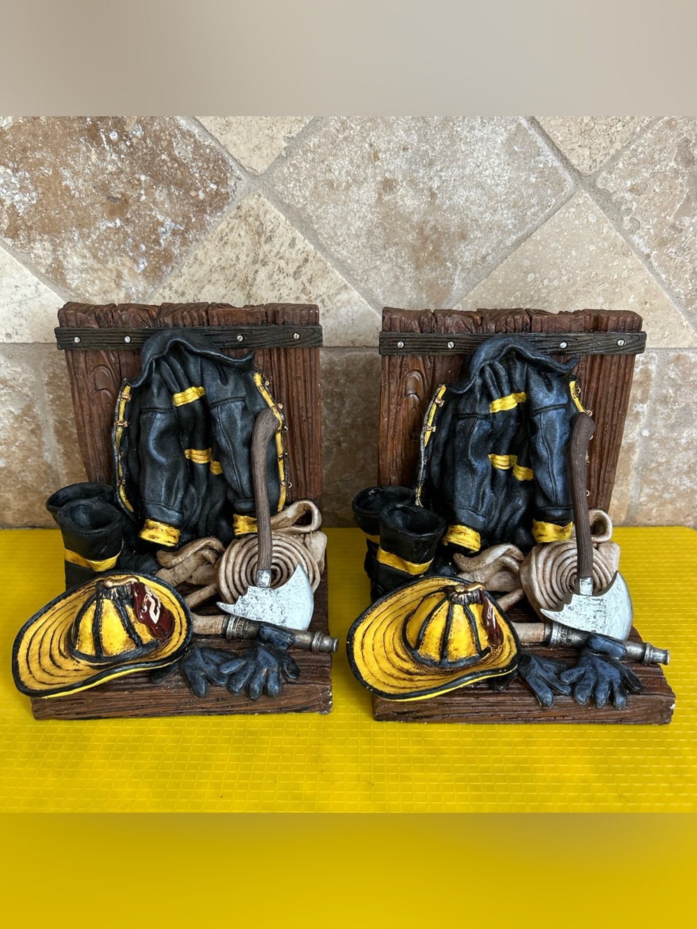 Firefighter Red Hats Of Courage Bookends Set Vintage Fire Gear Resin #23